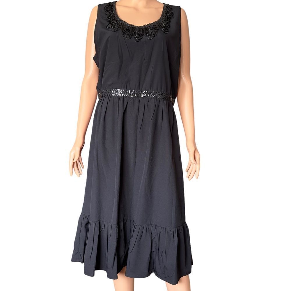 J PETERMAN Black Beaded Sequin Ruffle Hem Sleeveless Dress Size 16 NWT